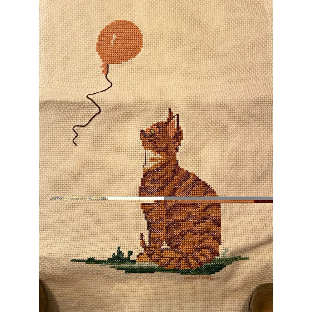 Finished Needlepoint Fabric Orange Tabby Cat with Balloon 9.25”x12”